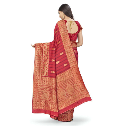 Red Banarasi in wildfire light, gold borders warping like heat mirages