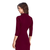 Back view of Scarlet Verse 3/4th sleeve maroon dress on plain background