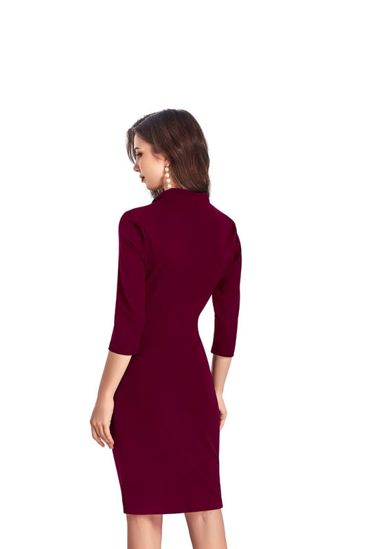 Back view of Scarlet Verse 3/4th sleeve maroon dress on plain background
