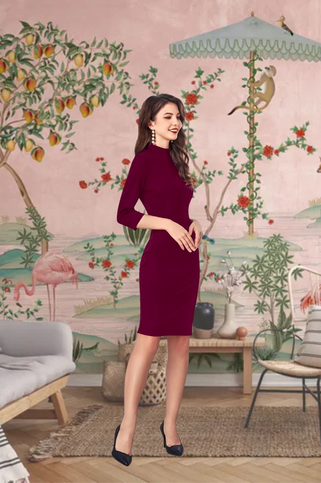 Side angle showing the flow and texture of the Scarlet Verse maroon knit dress