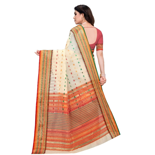 Cream saree pallu extended with fine weave visible on white studio backdrop