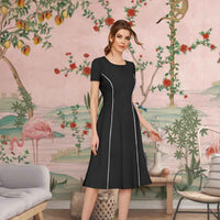 Front pose of the cap-sleeve black stretchable dress