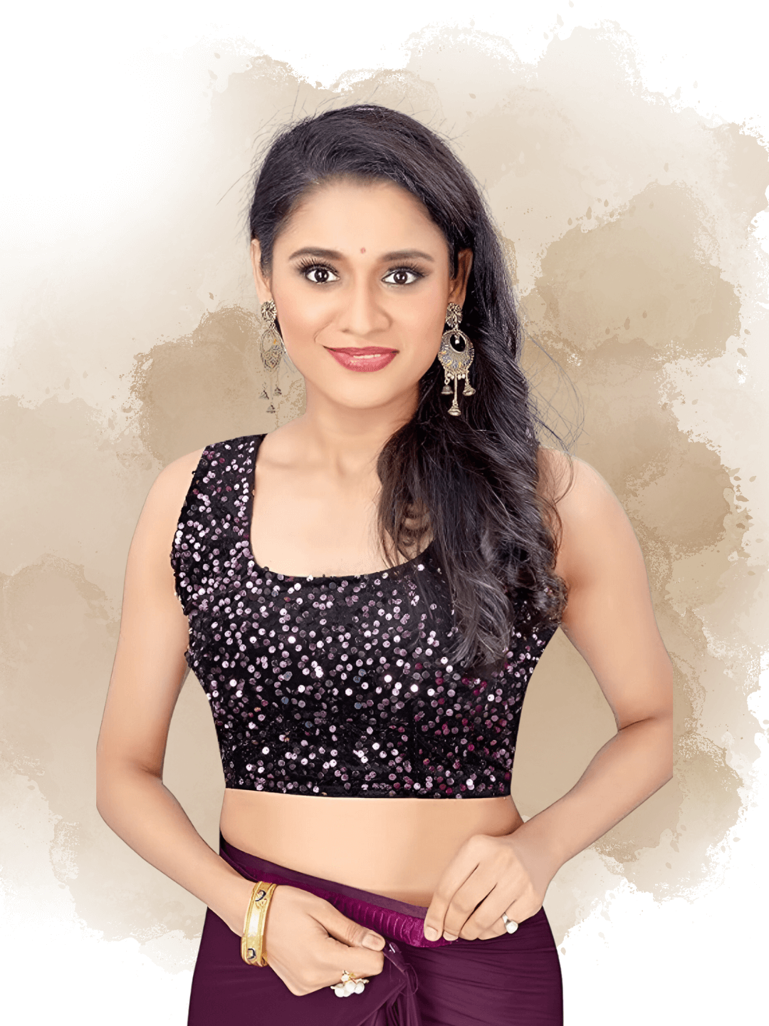 Close-up of glossy satin blouse piece for bordeaux saree