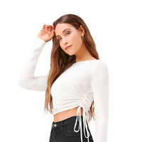 Front studio shot of white round neck polyester women’s top