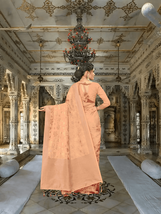 Banarasi saree pallu extended gracefully in regal palace background