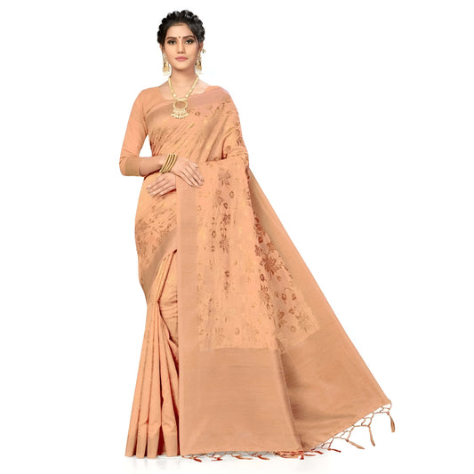 Close-up of golden border and motifs on beige saree in studio light
