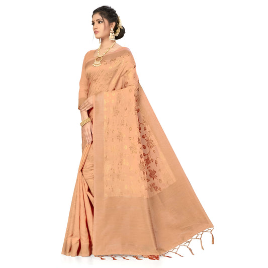 Beige Banarasi cotton saree with gold motifs on mannequin in white studio setup