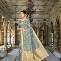 Model draped in grey Banarasi cotton saree with gold borders in palace backdrop