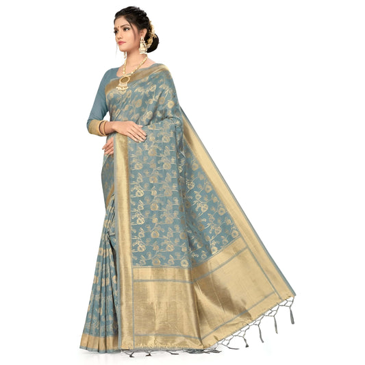 Grey Banarasi cotton saree with golden patterns draped against white background