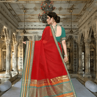 Backshot with gentle pleats, borders forming rhythmic lines like folk chants