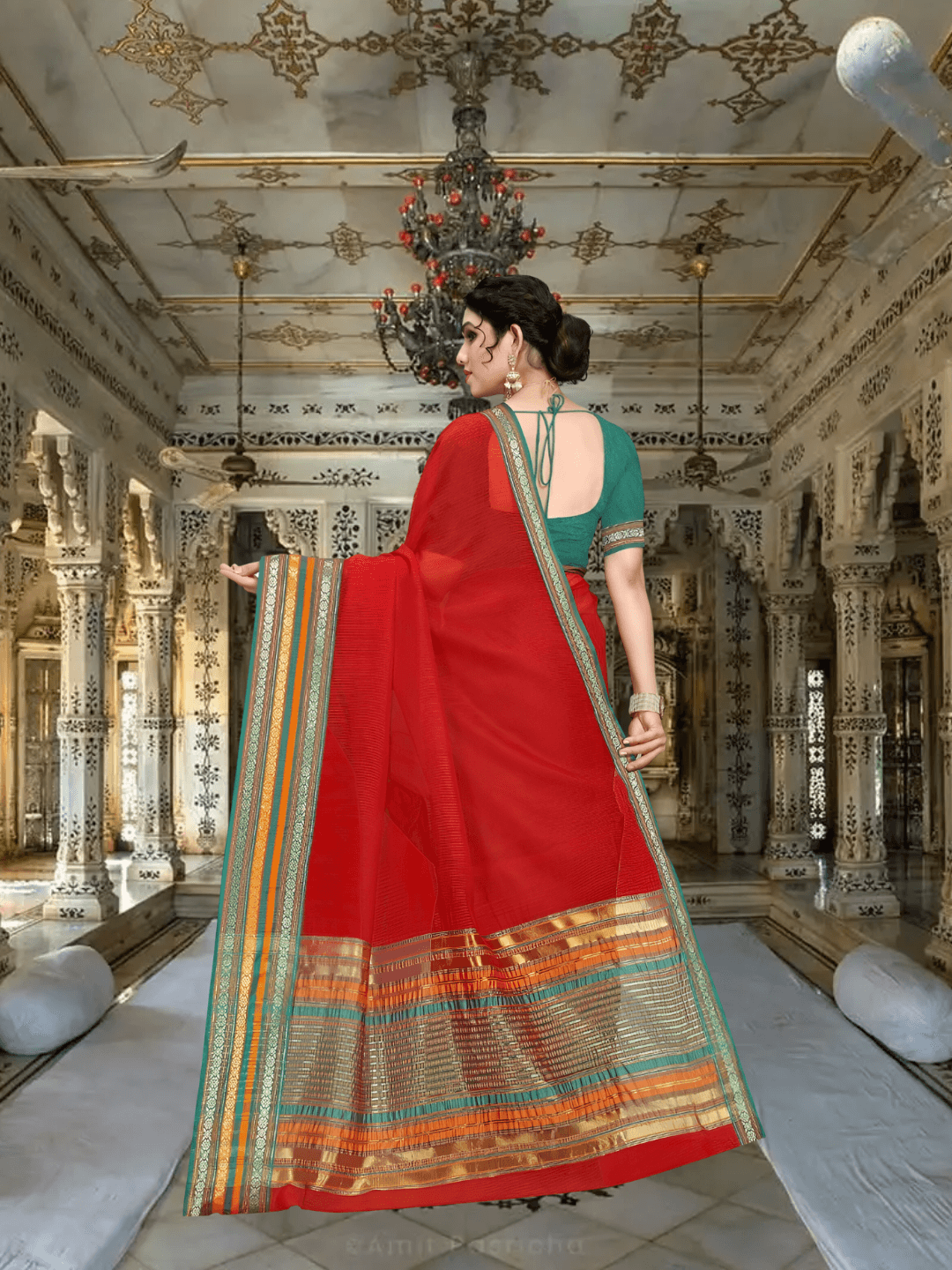 Backshot with gentle pleats, borders forming rhythmic lines like folk chants