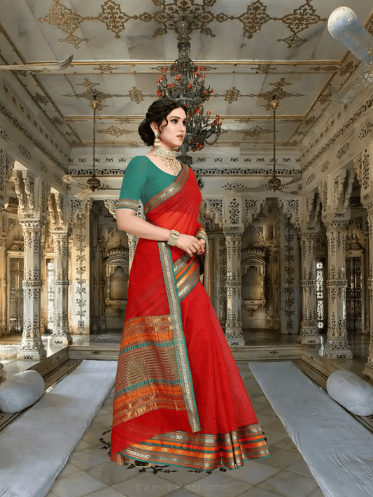 Close-up of pallu and borders, threads shimmering like vintage brocade