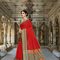 Model standing in sunlight-drenched corridor, tri-color borders glowing like temple frescoes