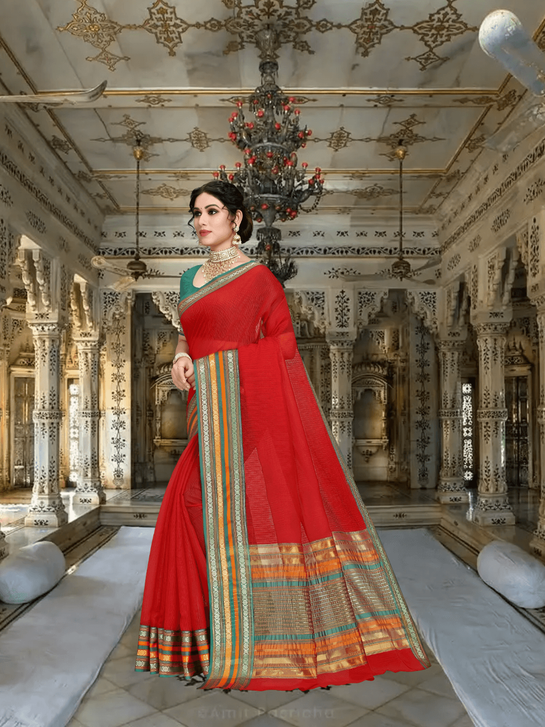 Model standing in sunlight-drenched corridor, tri-color borders glowing like temple frescoes