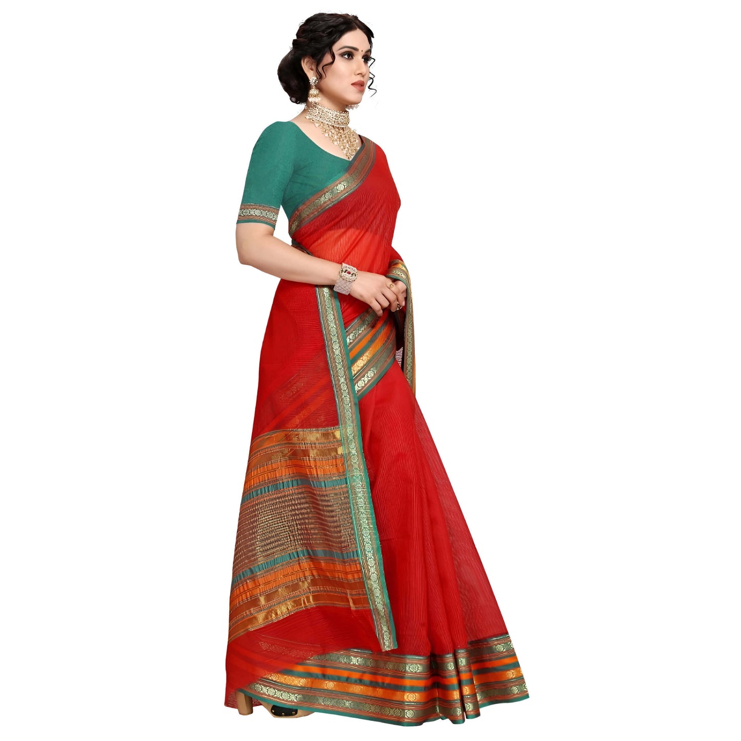 Macro shot showing hand-finish of gold-red-green edgework on cotton weave