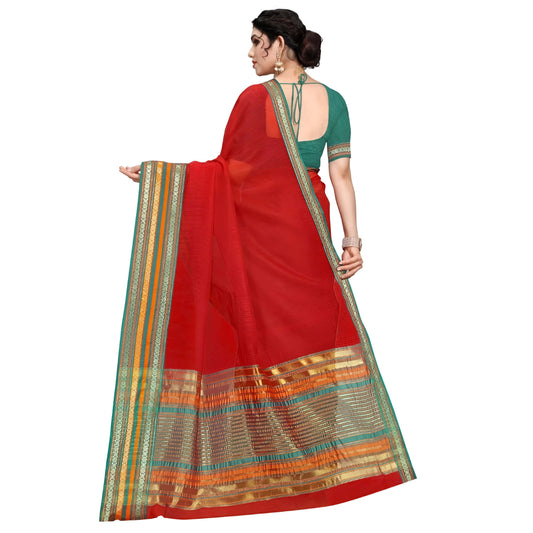 Flat lay of Kota Doria saree with crisp tri-tone border on studio floor