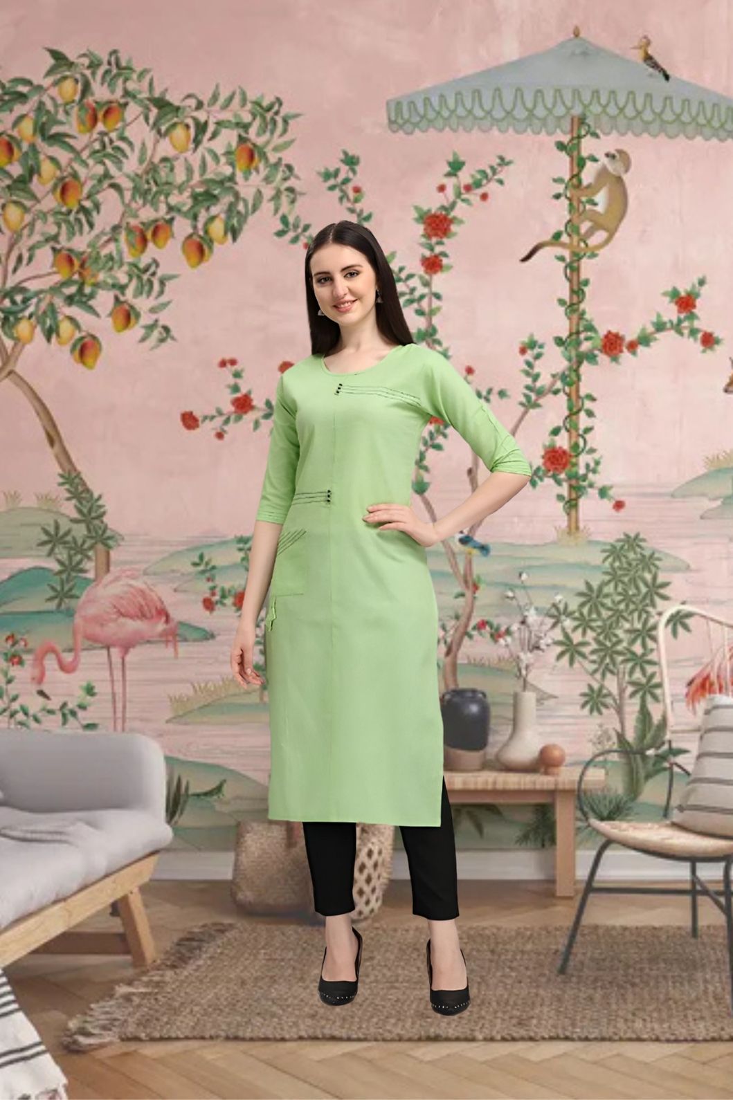 Front view of pista green cotton straight kurti in palace setting