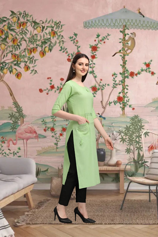 Left profile of pista cotton straight kurti styled indoors