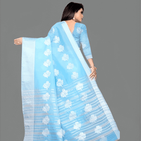 Elegant back drape of sky blue saree with pleated pallu