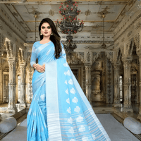 Young woman wearing sky blue cotton silk saree for daytime wedding - lightweight breathable fabric