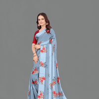 Light blue satin patta saree with crimson blouse by lake