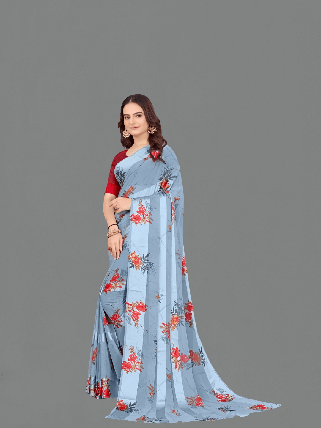 Light blue satin patta saree with crimson blouse by lake