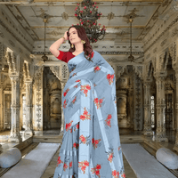 Light blue satin patta saree with crimson blouse by lake