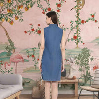 Back shot showing clean denim tailoring