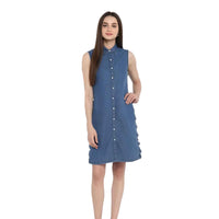 Sleeveless denim dress isolated, front view