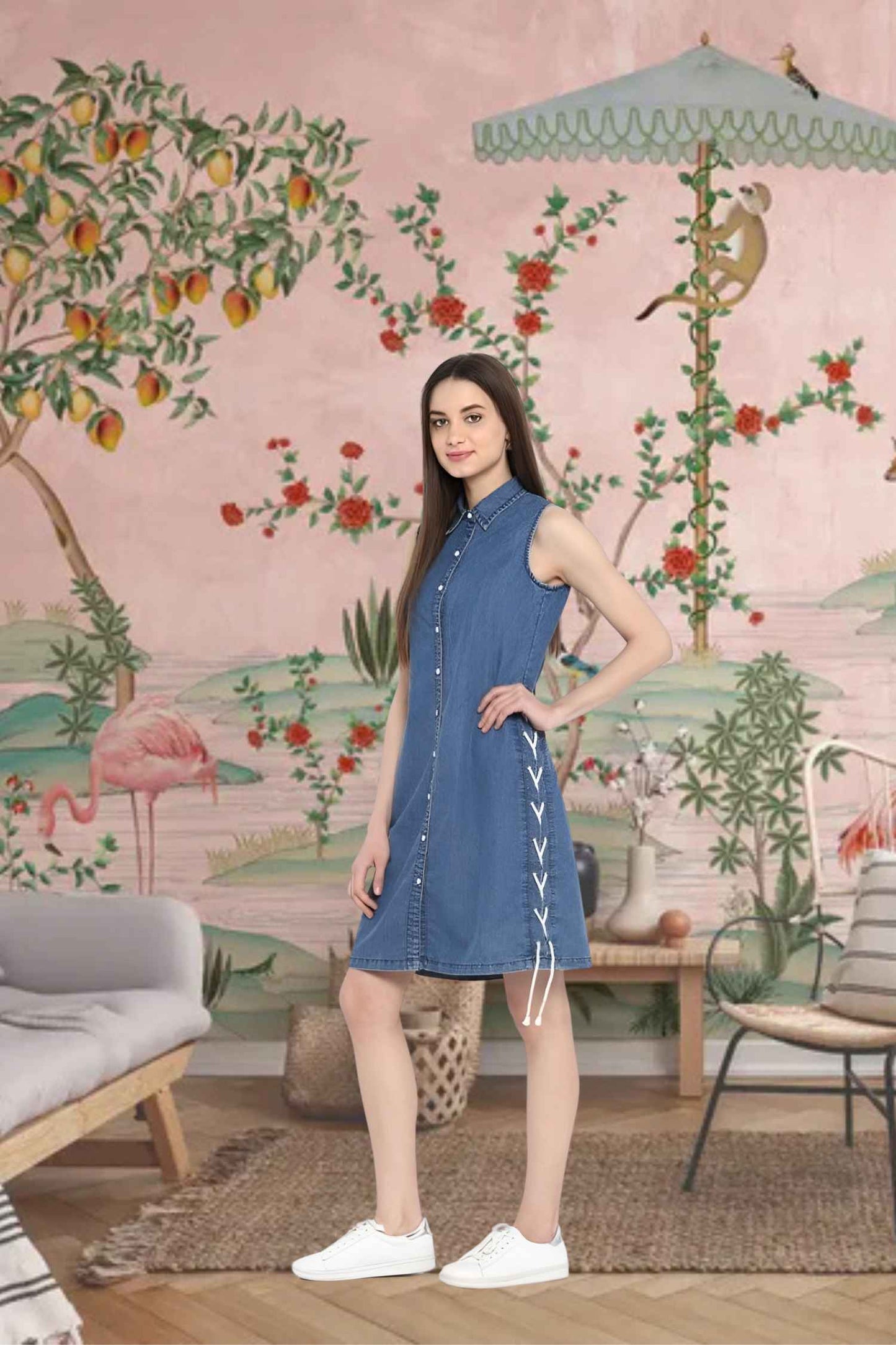  Side profile capturing dress’s breezy movement