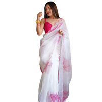 White organza saree front view with floral print