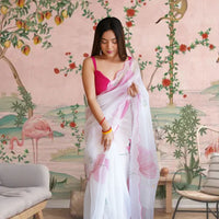 White organza saree front view with floral print