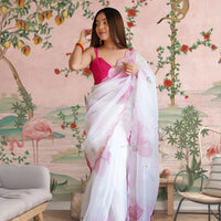 White organza saree front view with floral print