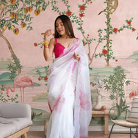 White organza saree front view with floral print
