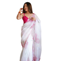 White organza saree front view with floral print