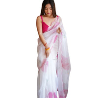 White organza saree front view with floral print