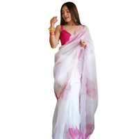 White organza saree front view with floral print