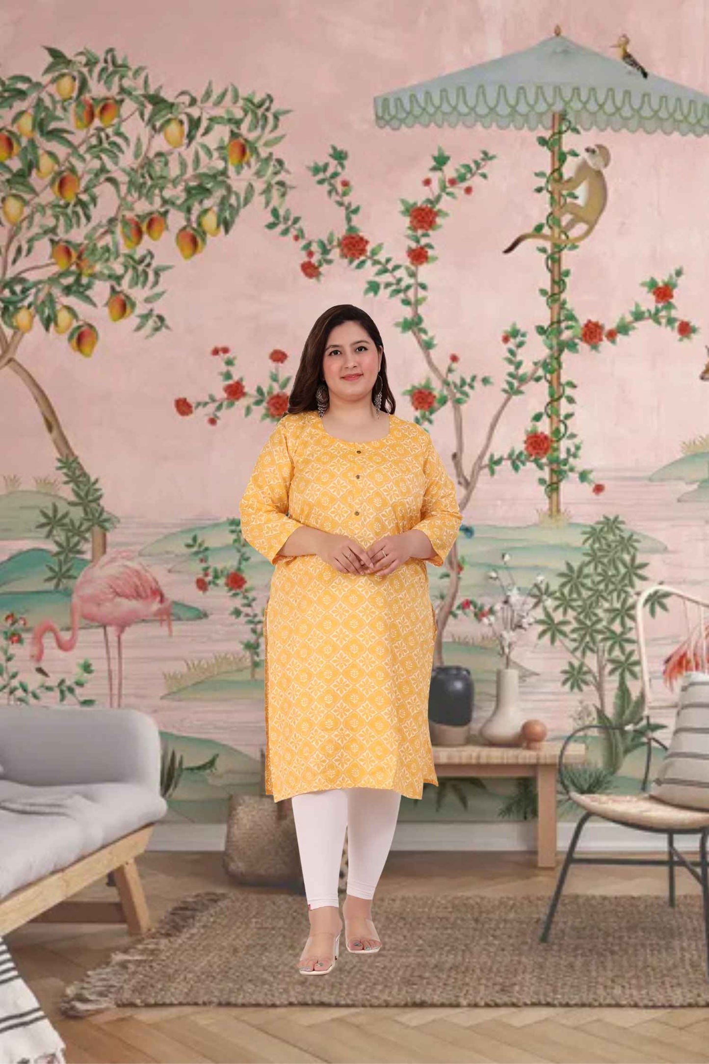 Front view: Golden kurti glowing under soft sunlight 🌅