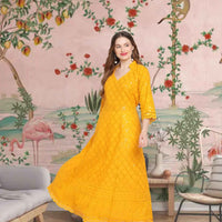  Front view: Mustard kurti under autumn sunlight