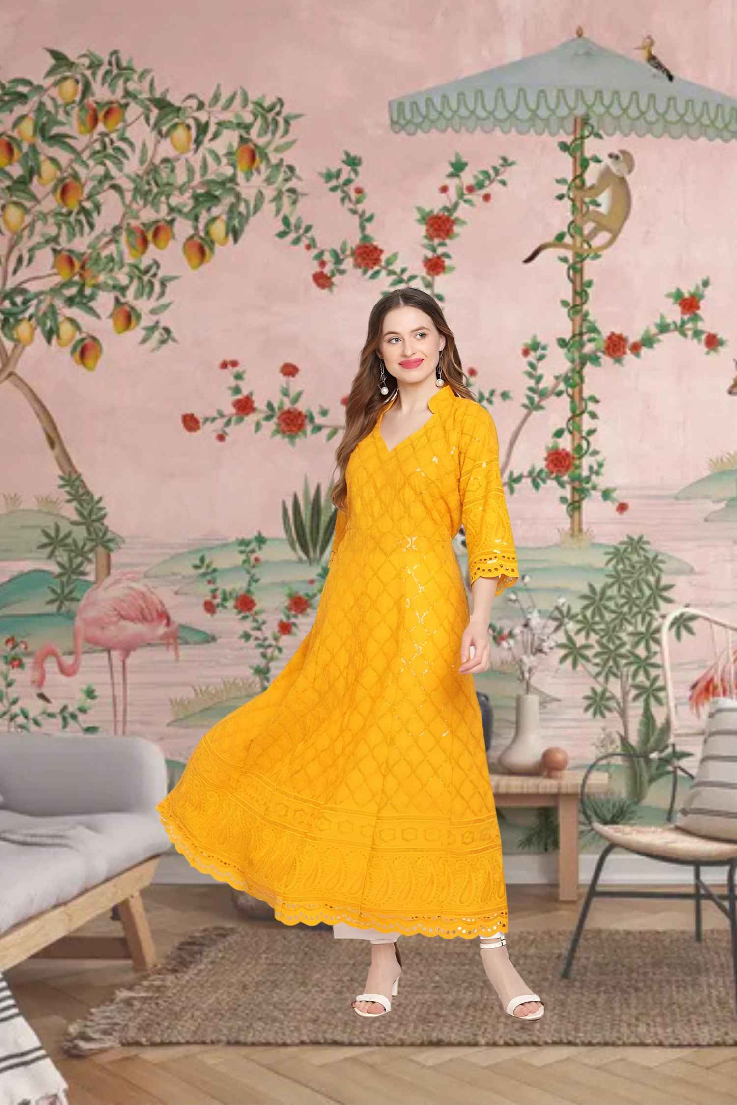  Front view: Mustard kurti under autumn sunlight