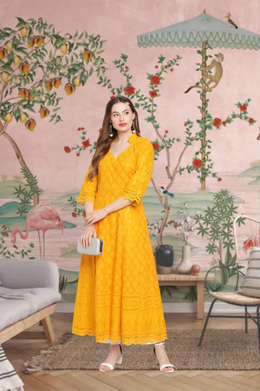  Front view: Mustard kurti under autumn sunlight