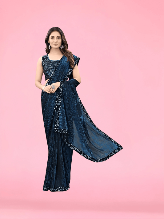 Micro-geometric print on navy saree hides stains like magic