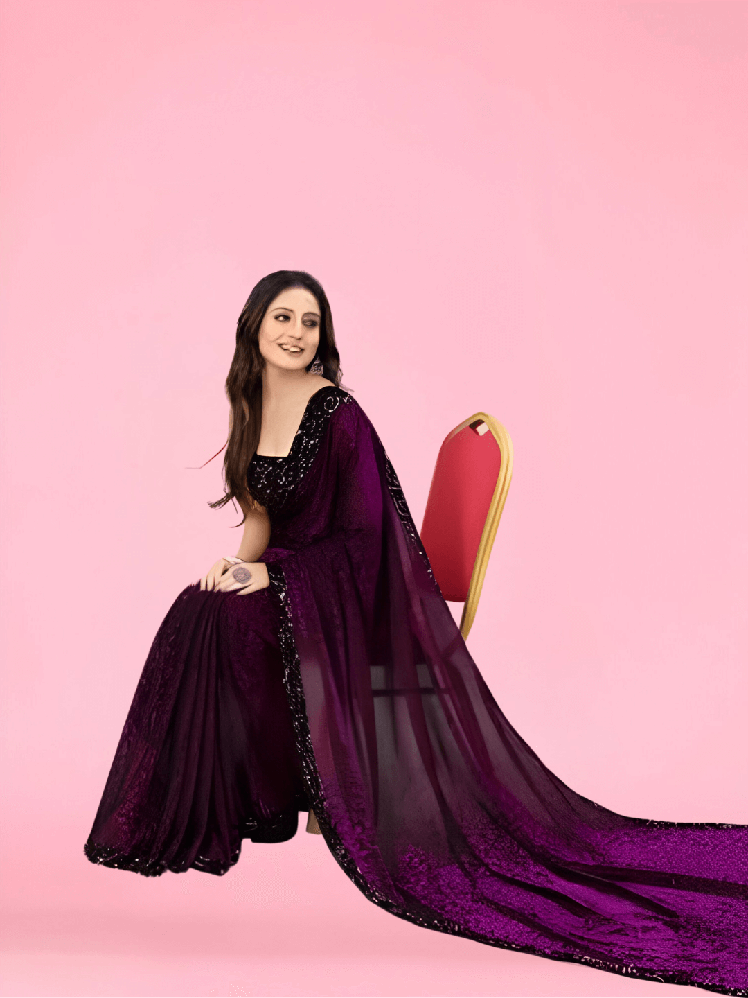 Micro floral print on wine saree – perfect for messy foodies