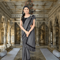 Grey Lycra saree with shiny black blouse – party wear drape