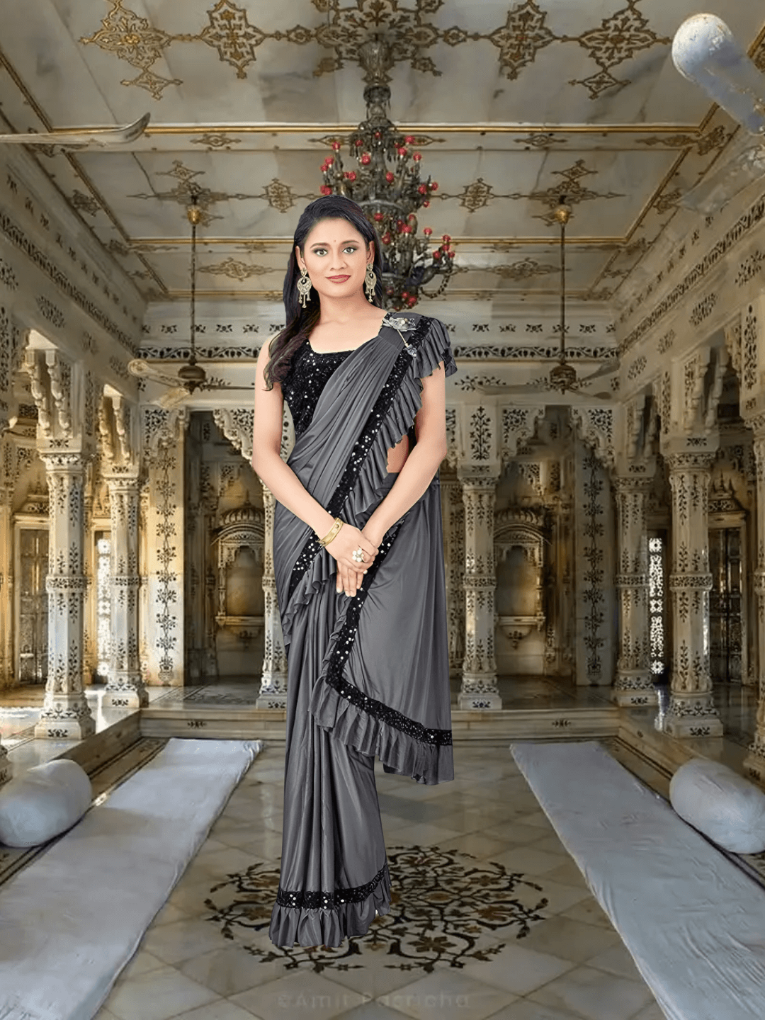 Grey Lycra saree with shiny black blouse – party wear drape