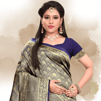 Royal blue blouse with golden Banarasi saree in majestic interior