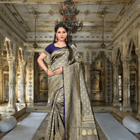 Model in golden Banarasi silk saree with abstract motifs in palace backdrop