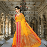 Model standing at archway, gold and pink border glowing in amber sunlight