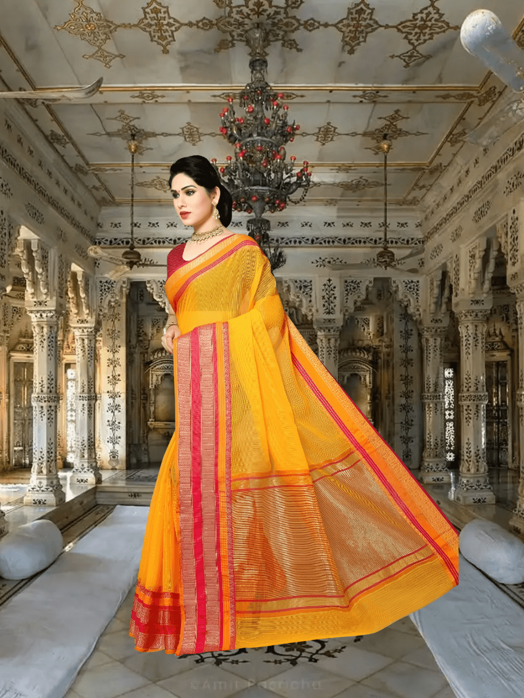 Model standing at archway, gold and pink border glowing in amber sunlight