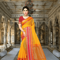 Detailed pallu and pleat focus, sunlight reflecting off golden threads